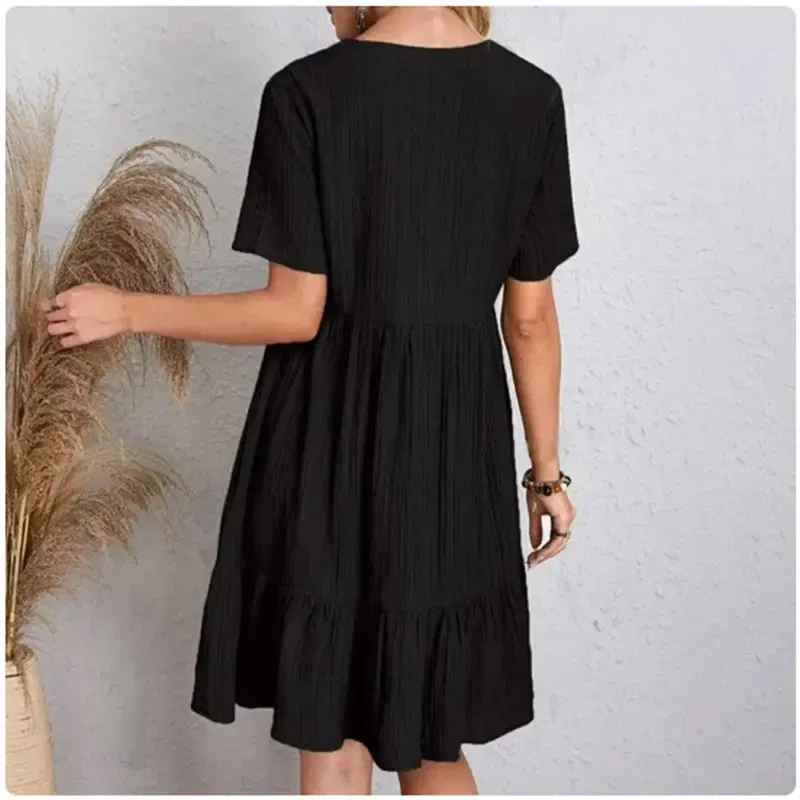Size: M, Color: green - Women Summer Peplum Dresses Spring V-Neck Short Sleeve Loose Waist Ruffle Fit Flare Vocation Dresses