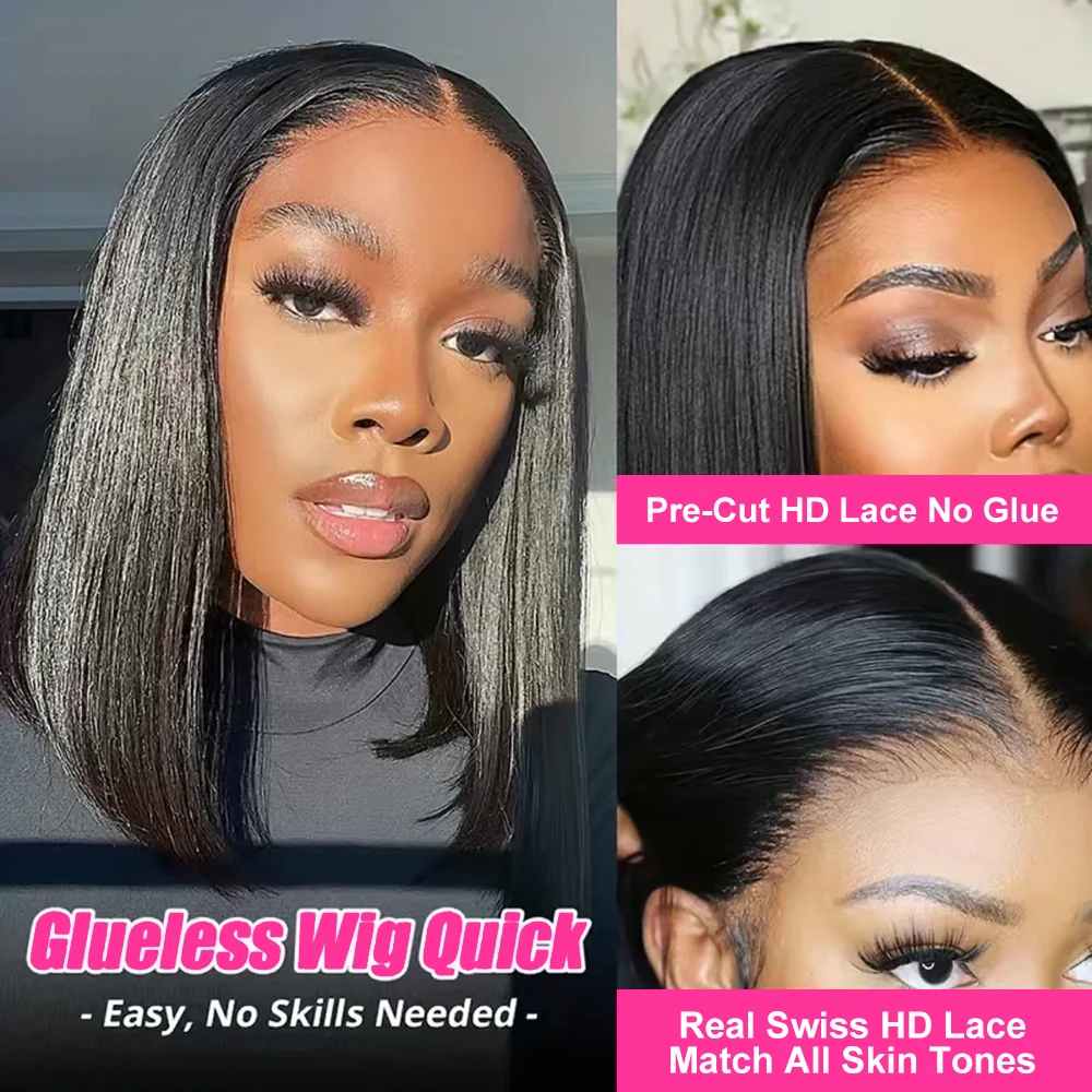 Hair Color: #1B, Ships From: United States, Stretched Length: 10inches, Density: 150% - Wear And Go Glueless Bob Wig Human Hair 7x5 HD Lace Closure Human Hair Pre Plucked No Glue Pre Cut Ready To Wear Frontal Wig