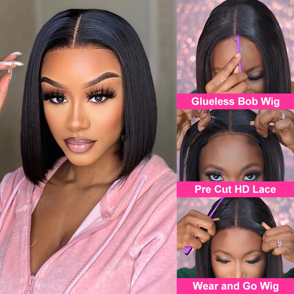 Hair Color: #1B, Ships From: United States, Stretched Length: 10inches, Density: 150% - Wear And Go Glueless Bob Wig Human Hair 7x5 HD Lace Closure Human Hair Pre Plucked No Glue Pre Cut Ready To Wear Frontal Wig