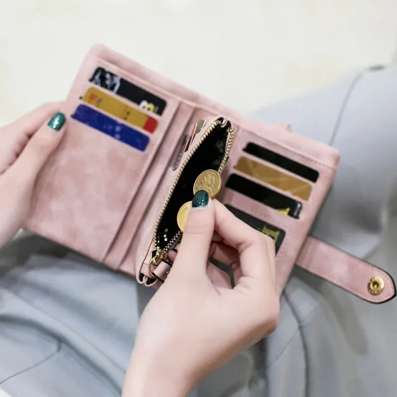 Color: GRAY - MIYIN 2024 New Wallet Women's Short Korean Cute Buckle Double Discount Multi Card Change Handbag