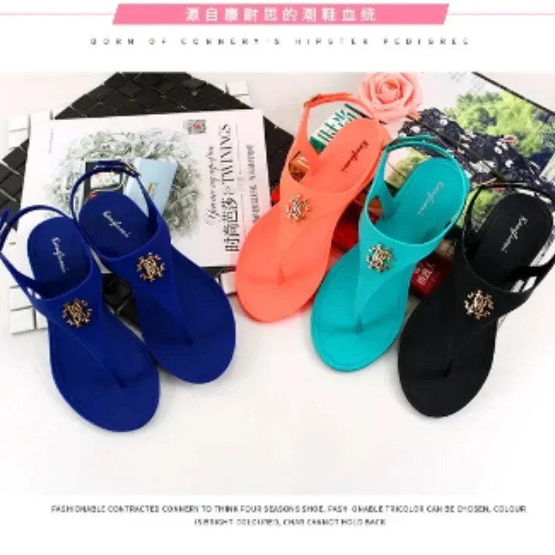 Color: Blue, Shoe Size: 37 - 2023 New Summer Women's Sandals Fashion Open Toe Jelly Flip Flops Non-slip Buckle Flat Sandals All-match Women's Sandals