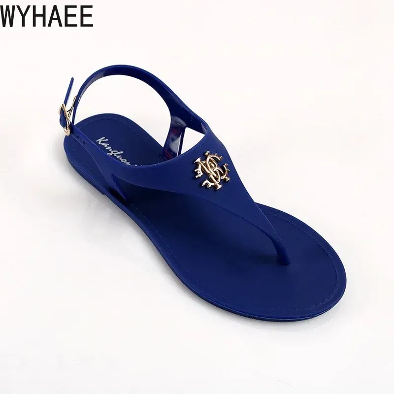 Color: Blue, Shoe Size: 37 - 2023 New Summer Women's Sandals Fashion Open Toe Jelly Flip Flops Non-slip Buckle Flat Sandals All-match Women's Sandals