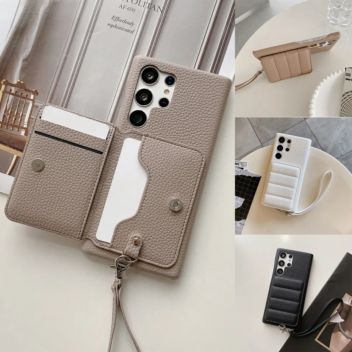Color: black, Material: CANVAS - Luxury Lanyard Wallet Case For Samsung Galaxy S21 FE S22 S23 Plus Note 20 Ultra A52 A53 A54 5G Lichee Pattern Leather Cover