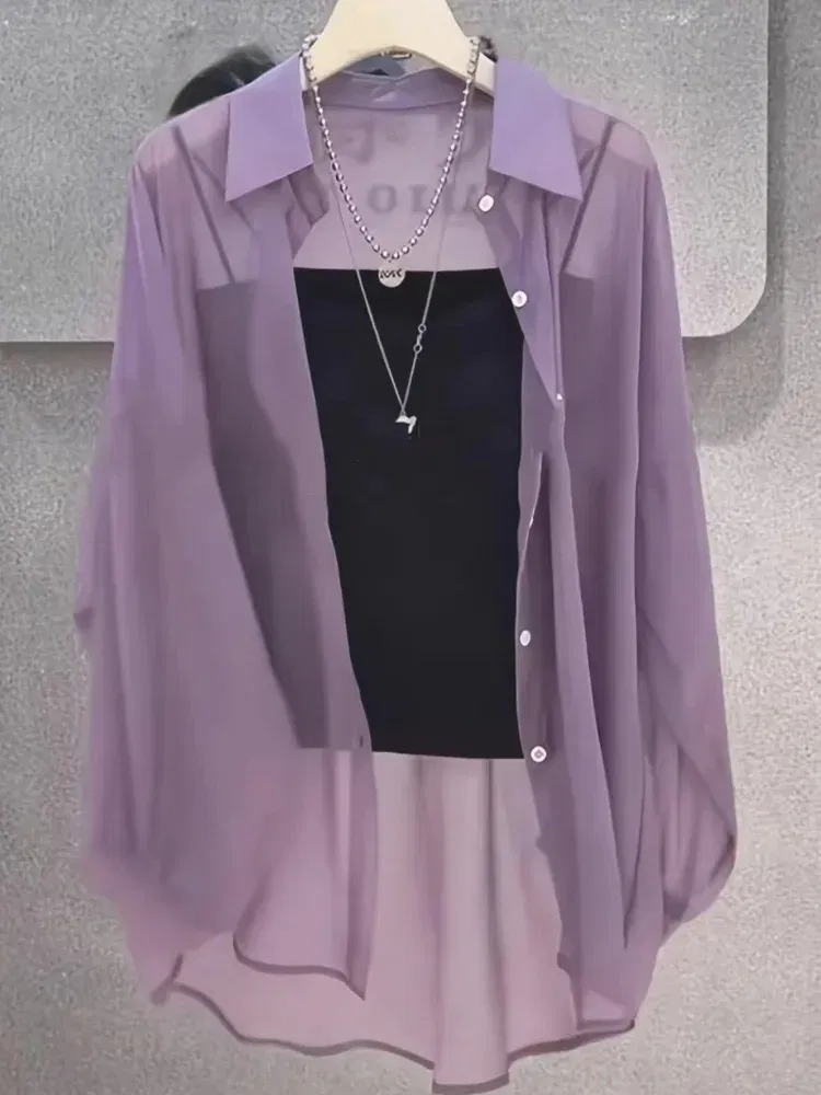 Size: 4XL, Color: Silver# - Plus Size Women?™s Shirts 2025 Summer Breathable and Sun-Proof Ice Silk with Button Thin Loose Sheer Chiffon Blouses Long Sleeve
