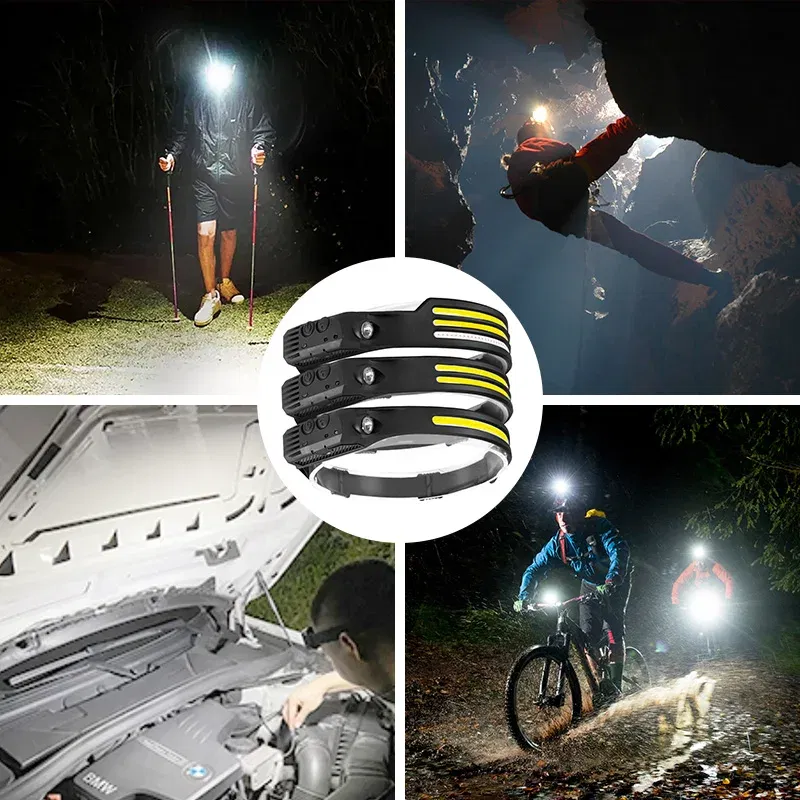 Emitting Color: green - Induction Headlamp COB LED Sensor Head Lamp Built-in Battery Flashlight USB Rechargeable Head Torch 5 Lighting Modes Headlight
