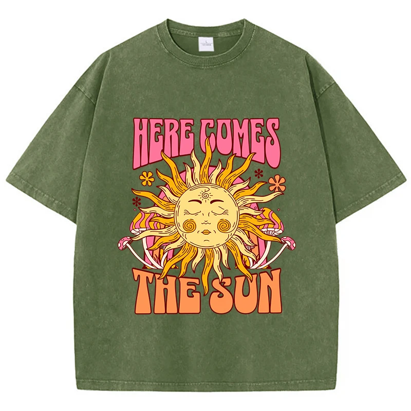 Color: army green, Size: S - Oversize Women's Washed T-Shirt Cotton Here Comes The Sun Prints T Shirts Casual O-Neck Short Sleeve Tops Loose Women's Clothes