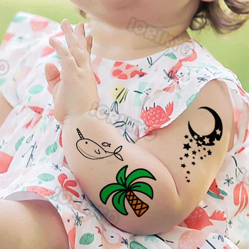 Color: monochrome - Funny Whale Tree Temporary Tattoo For Child Boy Face Neck Girls Son Daughter Fake Moon Tattoos Sticker Cartoon Transfer Tatoos