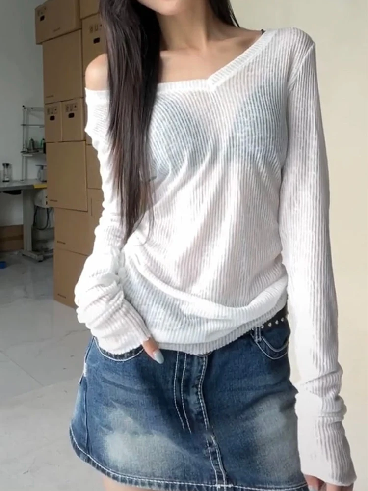 Color: Dark Grey, Size: S - Women Long Sleeve T Shirt Thin Perspective Summer Solid Slim Casual Shirts Female Pullovers Basic Tee Y2k Clothes Streetwear Top