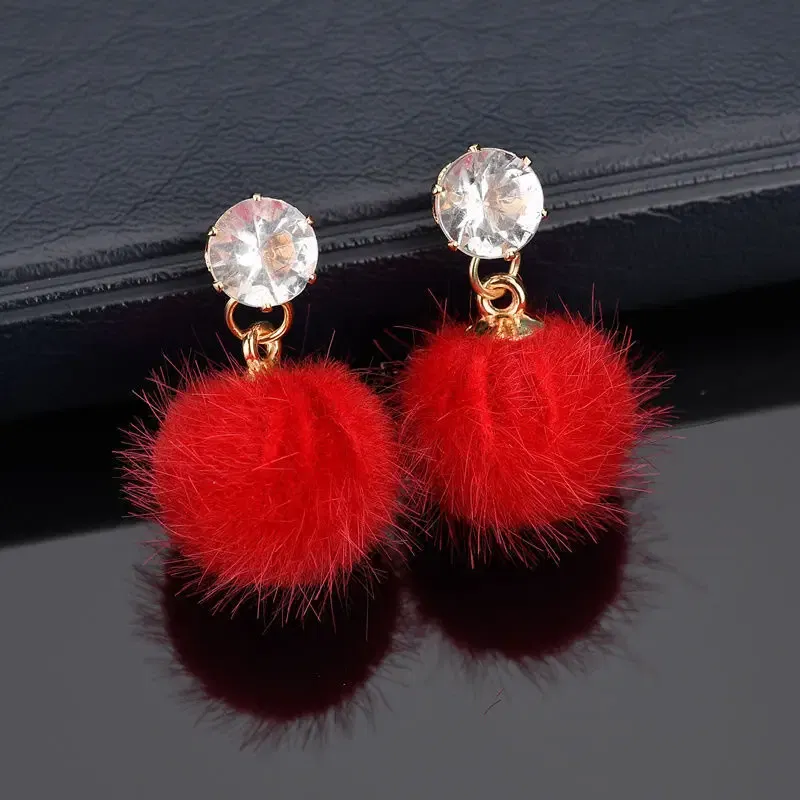 Metal Color: REDDISH BROWN - New Artificial Hair Dangle Earrings for Women Crystal Top Short Small Fluffy Ball Earrings Boho Fashion Jewelry brincos bijoux