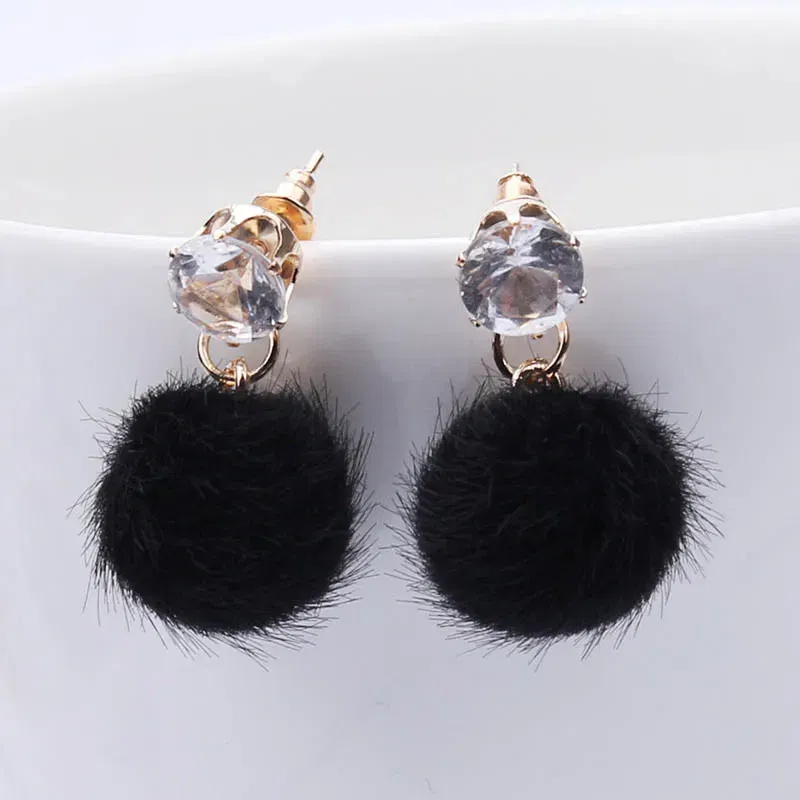 Metal Color: REDDISH BROWN - New Artificial Hair Dangle Earrings for Women Crystal Top Short Small Fluffy Ball Earrings Boho Fashion Jewelry brincos bijoux