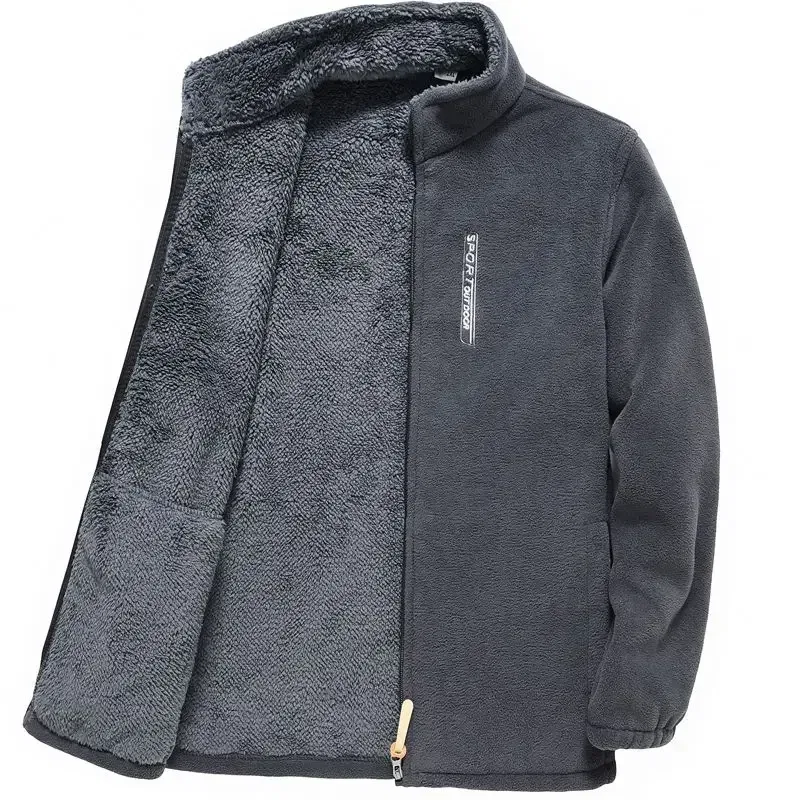 Color: Dark Grey, Size: XXXL - Men's Fleece Zip Up Outerwear Zipper Fleece-lined Stand Collar Thickened Outdoor Jacket Windproof Polar Fleece Coldproof Jackets