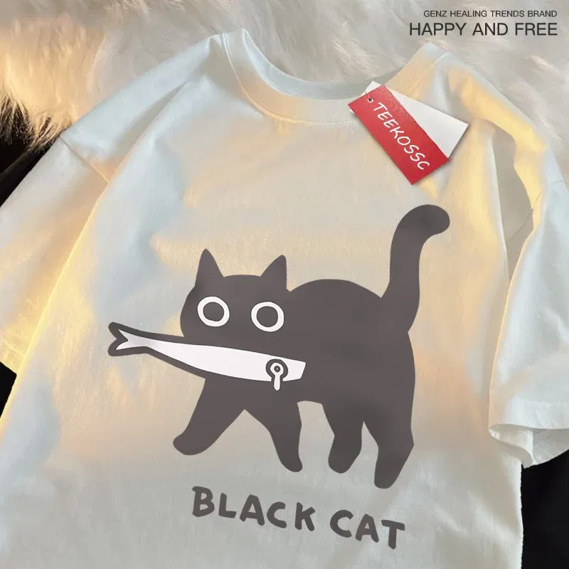 Color: WHITE, Size: XL - Fun A Black Cat Eating Fish Japanese Style Men Women T-Shirt Fashion Print T Shirt Breathable Oversize T-Shirts Cotton Clothes