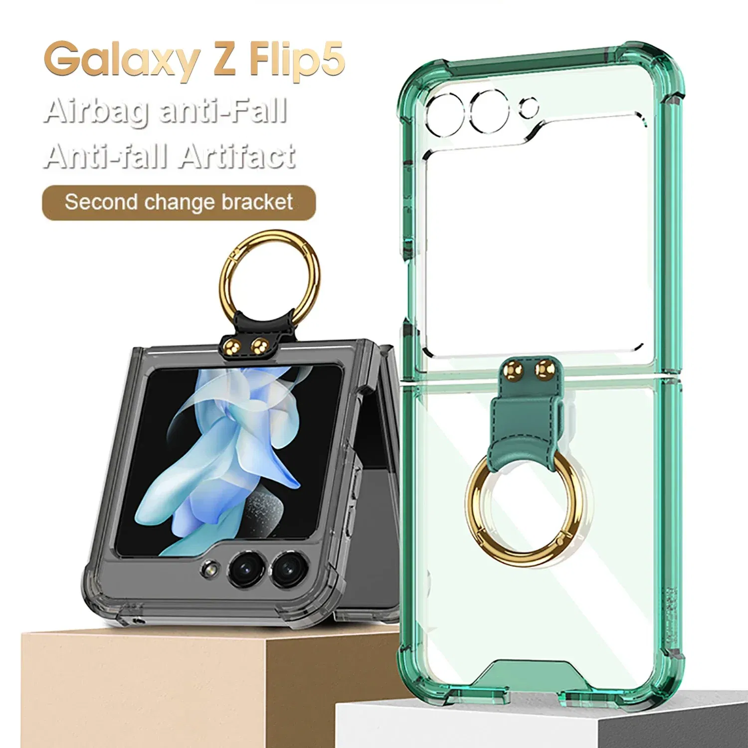Material: Aluminum, Color: Sky blue - Transparent Electroplated Airbag Ring Phone Case for Samsung Galaxy Z Flip 5 4 3 5G Flip5 Flip4 Flip3 5G Stand Shockproof Cover
