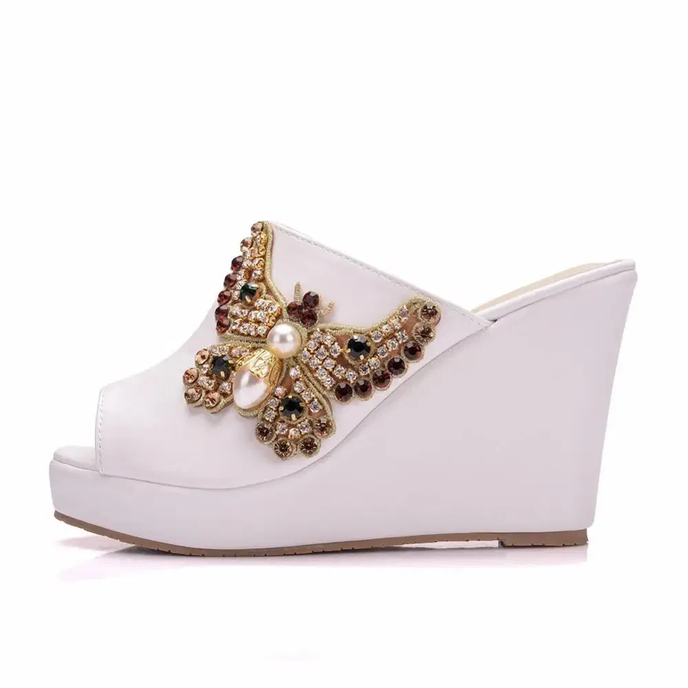 Color: WHITE, Shoe Size: 41 - Crystal Queen 10cm Peep Toe Platform Wedges Slippers High Heels Beach Sandals Women