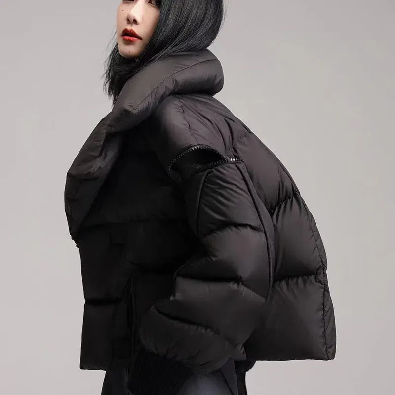 Color: black, Size: M - Overcoat 2025 New Fashion Women Down Jacket Winter White Duck Down High Quality Knitted Patchwork Lapel Women Down Jacket H132