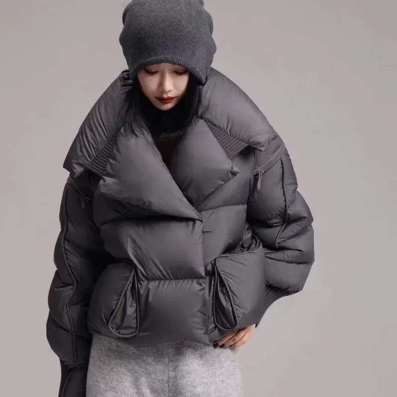 Color: black, Size: M - Overcoat 2025 New Fashion Women Down Jacket Winter White Duck Down High Quality Knitted Patchwork Lapel Women Down Jacket H132