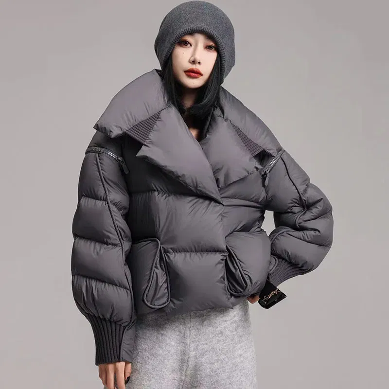 Color: black, Size: M - Overcoat 2025 New Fashion Women Down Jacket Winter White Duck Down High Quality Knitted Patchwork Lapel Women Down Jacket H132