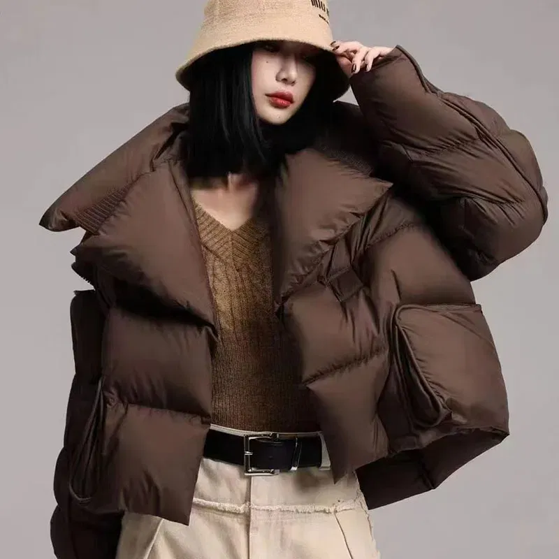 Color: black, Size: M - Overcoat 2025 New Fashion Women Down Jacket Winter White Duck Down High Quality Knitted Patchwork Lapel Women Down Jacket H132