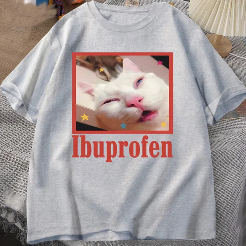 Color: GRAY, Size: XXXL - Ibuprofen Cat Meme Tshirt Funny Cat Graphic Tee Cute Cat Lover Cotton T-Shirt Casual Funny T Shirts Unisex Oversized Tshirt Tee