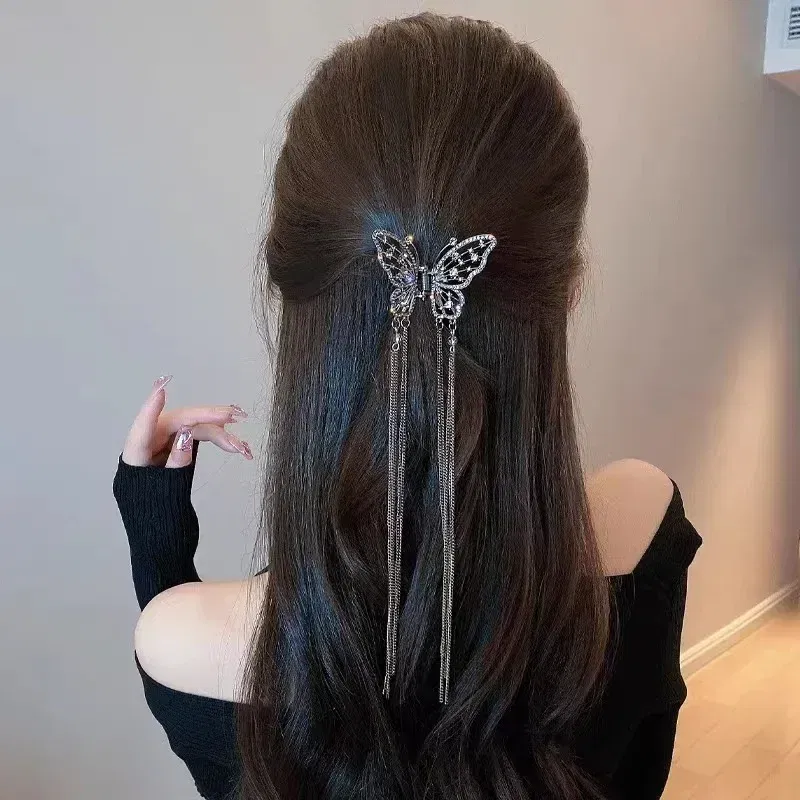 Color: GRAY - 2024 New Super Immortal Hollow Butterfly Tassel Women's Grab Clip Half Tie Hair Fashion Girl Pearl Pendant Hair Card Shark Clip