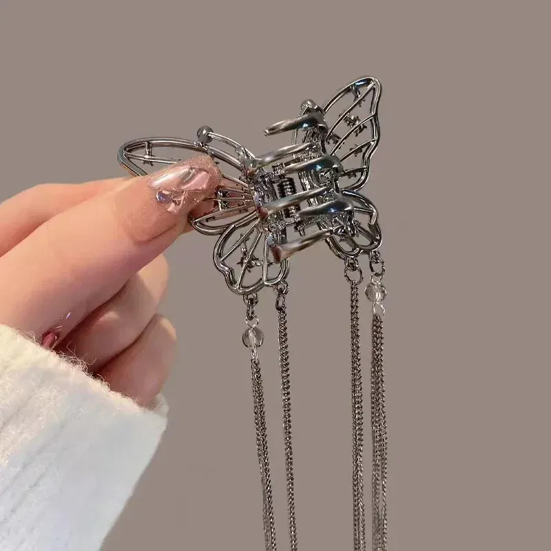 Color: GRAY - 2024 New Super Immortal Hollow Butterfly Tassel Women's Grab Clip Half Tie Hair Fashion Girl Pearl Pendant Hair Card Shark Clip