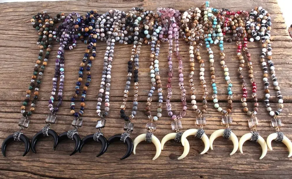 Metal Color: cobalt violet, Length: 45cm, Ships From: CHINA - Fashion Bohemian Jewelry Natural Stones Crystal Glass Knotted Ox Horn Moon Pendant Necklace Women Boho Necklaces Girls