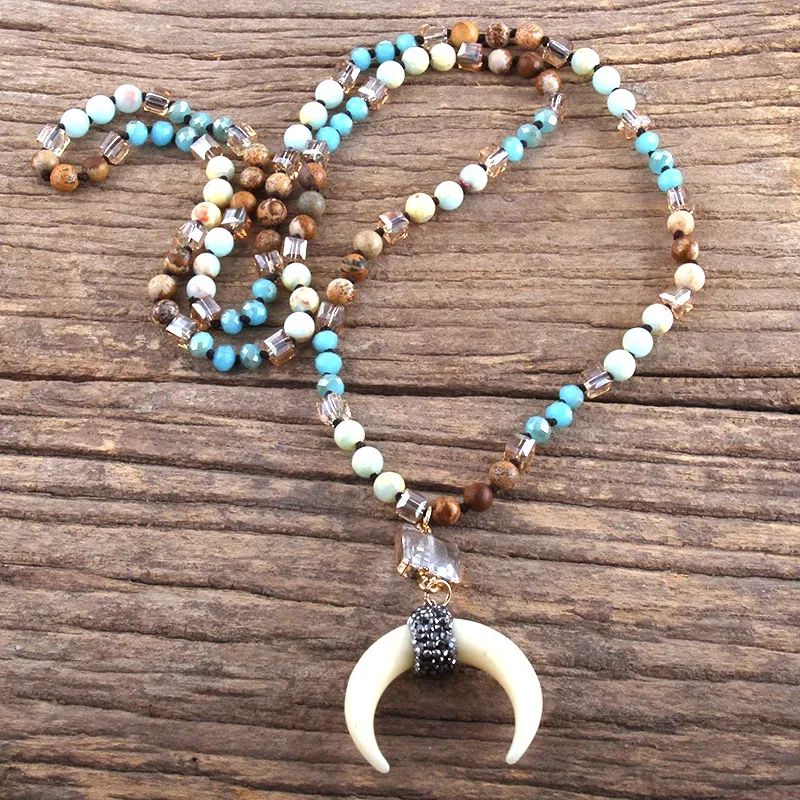 Metal Color: cobalt violet, Length: 45cm, Ships From: CHINA - Fashion Bohemian Jewelry Natural Stones Crystal Glass Knotted Ox Horn Moon Pendant Necklace Women Boho Necklaces Girls