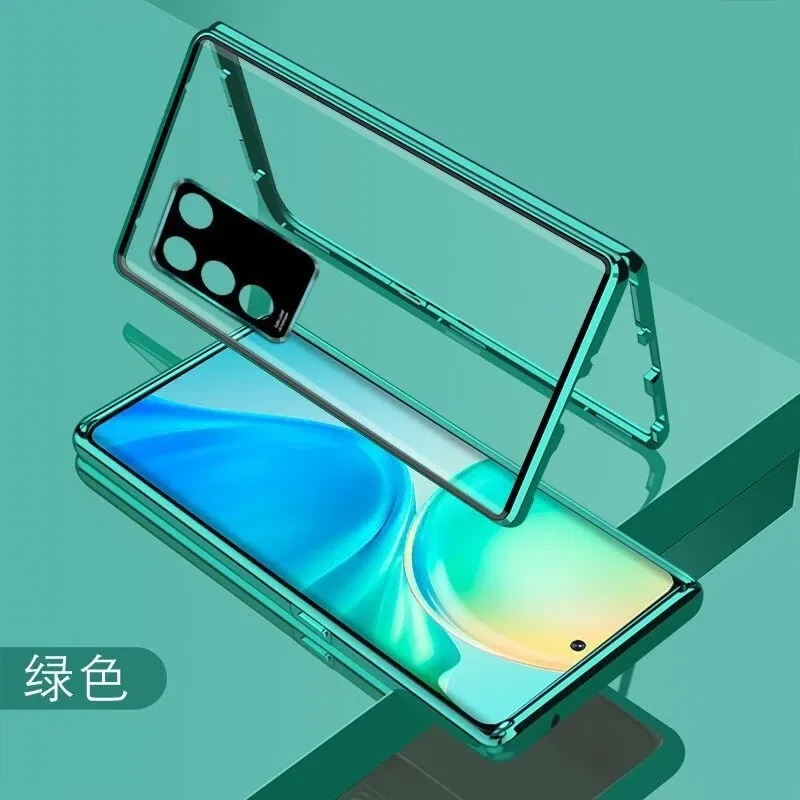Color: green, Material: aluminum - 360 Full Case For Vivo V29 5G V27 Pro V27E V25 V23 Double Sided Magnetic Adsorption Metal Capa Tempering Glass Clear Phone Cover