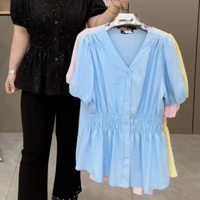 Color: Glowing Yellow, Size: 3XL - 200 Pounds Plus Size Elastic Waist Summer Shirt And Blouse Short Sleeve Solid Top Women's New In Clothes Simple V-neck French