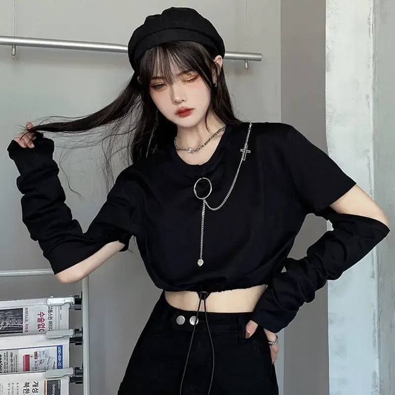 Color: black, Size: XXL - Solid T-shirts Women Removable Sleeve Sequined Chain Japanese Style Harajuku Trendy Goth Y2k Female Crop Top Hot Sale Popular