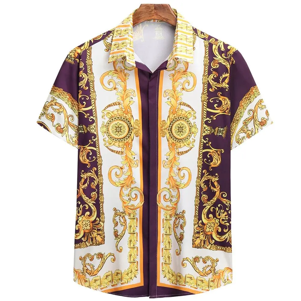 Color: Beige, Size: XL - Summer Fashion Men's Short Sleeve Casual Shirts Luxury Style Gold Printed Tops Everyday Casual Wear Men's Shirts Oversized Tops