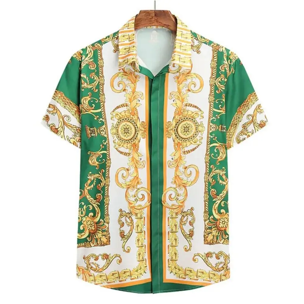 Color: Beige, Size: XL - Summer Fashion Men's Short Sleeve Casual Shirts Luxury Style Gold Printed Tops Everyday Casual Wear Men's Shirts Oversized Tops