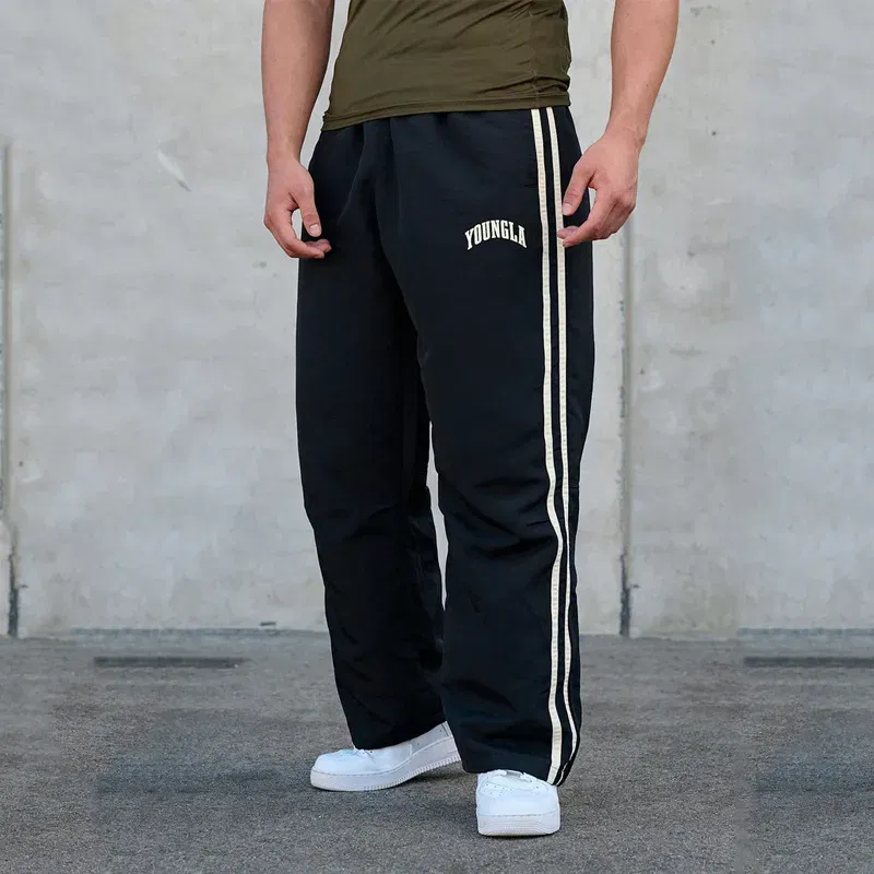 Color: Gold, Size: L - Jogger Men's Sweatpants Gym Sports Fitness Splicing Strips Printing Mid Waist Casual Pants Ya Fashion Men Clothing Wide Leg Pan