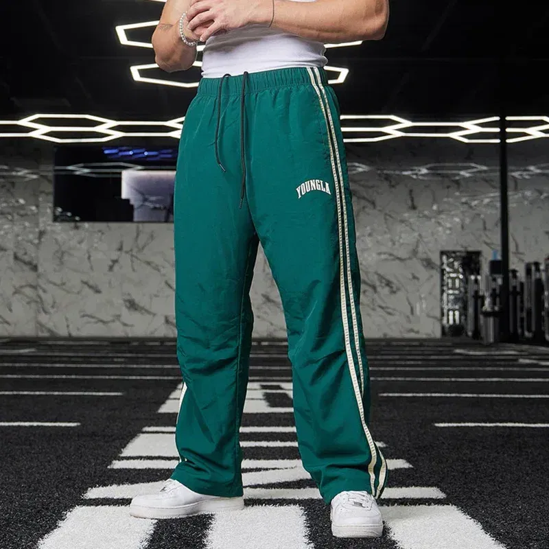 Color: Gold, Size: L - Jogger Men's Sweatpants Gym Sports Fitness Splicing Strips Printing Mid Waist Casual Pants Ya Fashion Men Clothing Wide Leg Pan