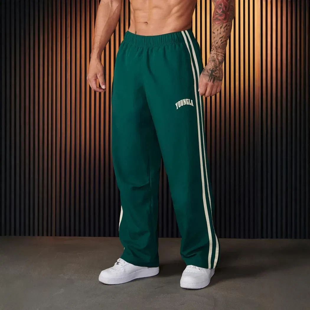 Color: Gold, Size: L - Jogger Men's Sweatpants Gym Sports Fitness Splicing Strips Printing Mid Waist Casual Pants Ya Fashion Men Clothing Wide Leg Pan