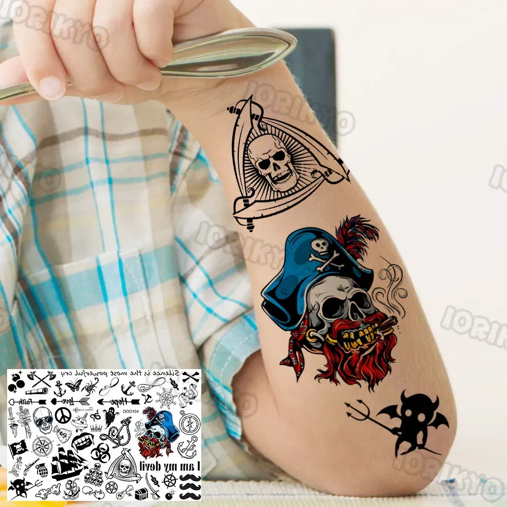 Color: SKY BLUE - Anchor Pirate Temporary Tattoos For Kids Toddler Boy Adult Men Women Black Whale Tattoo Sticker Fake Transfer Small Tatto Face