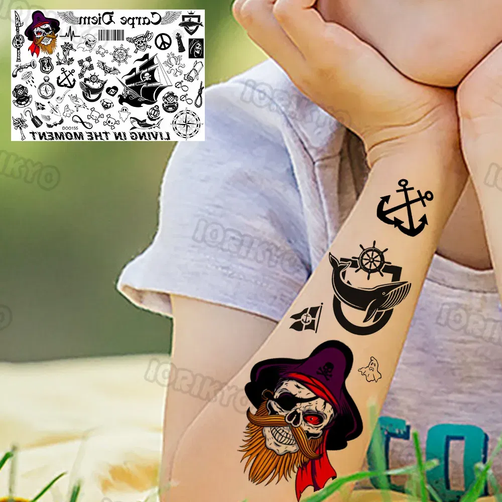 Color: SKY BLUE - Anchor Pirate Temporary Tattoos For Kids Toddler Boy Adult Men Women Black Whale Tattoo Sticker Fake Transfer Small Tatto Face