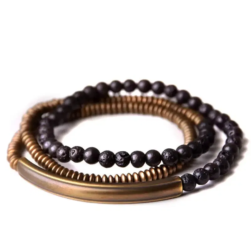 Length: 22cm - Metallic Copper Lava Stone Handmade Bracelet Multi Row Jewelry For Men Women Rock Street Hardwear Original Design Bangle