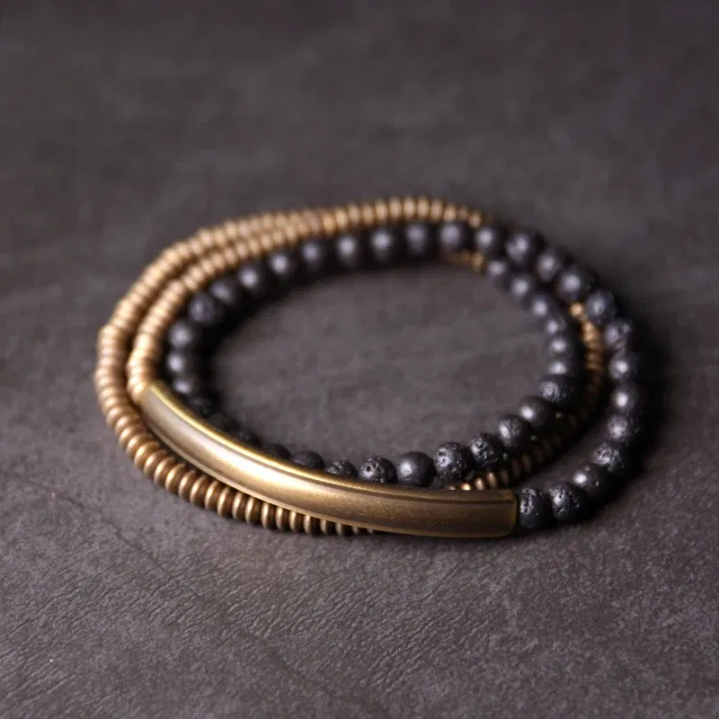 Length: 22cm - Metallic Copper Lava Stone Handmade Bracelet Multi Row Jewelry For Men Women Rock Street Hardwear Original Design Bangle