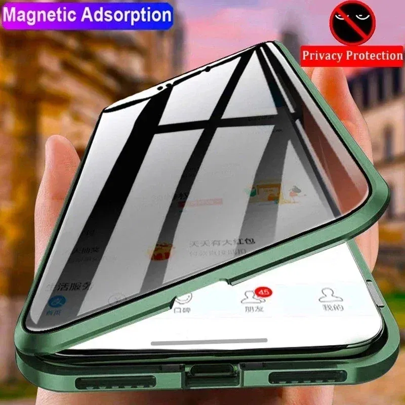 Color: green, Material: Microfiber - Double-Sided Privacy Magnetic Case For iPhone 16 12 13 14 15 11 Pro Max 14 Plus 16 Plus Anti Peeping Full Cover Metal Frame Case