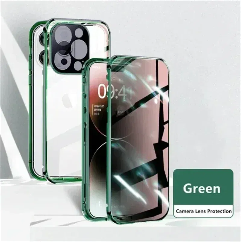Color: green, Material: Microfiber - Double-Sided Privacy Magnetic Case For iPhone 16 12 13 14 15 11 Pro Max 14 Plus 16 Plus Anti Peeping Full Cover Metal Frame Case