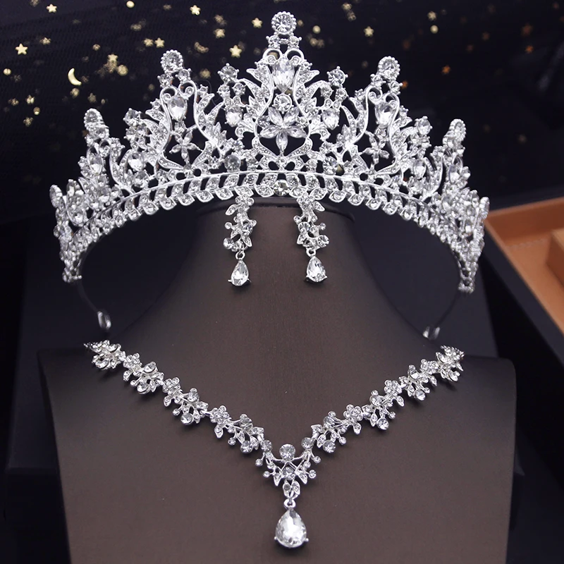 Metal color: Blue Zinc Plated - Royal Queen Tiaras Bridal Jewelry Sets Evening Crown Choker Necklace Sets Wedding Dress Jewelry Prom Costume Accessory Bride