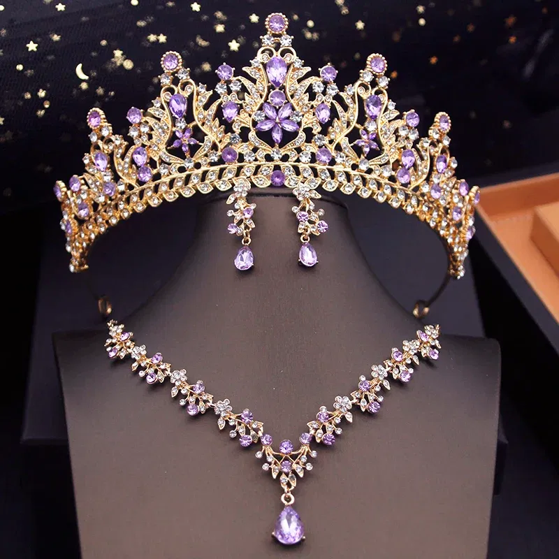 Metal color: Blue Zinc Plated - Royal Queen Tiaras Bridal Jewelry Sets Evening Crown Choker Necklace Sets Wedding Dress Jewelry Prom Costume Accessory Bride