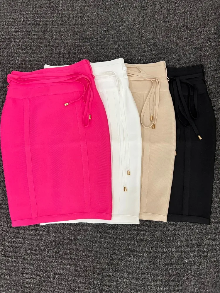Color: Rose Red, Size: XL - 4 Colors Women Hot Pink Black White Bodycon Bandage Skirt Designer High Street Party Club Pencil Skirt 55cm