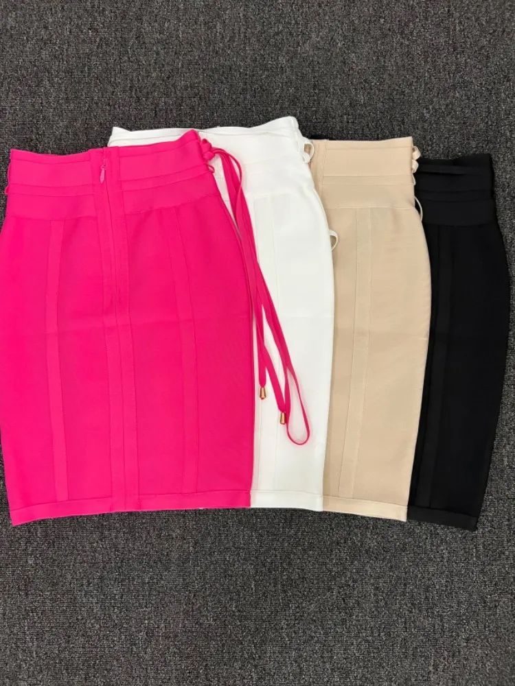 Color: Rose Red, Size: XL - 4 Colors Women Hot Pink Black White Bodycon Bandage Skirt Designer High Street Party Club Pencil Skirt 55cm