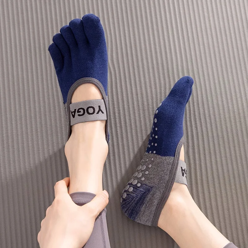 Color: Beige - Ladies Breathable Yoga Socks Silicone Non-Slip Five Finger Pilates Socks for Backless Fitness Ballet Dance Cotton Gym Socks