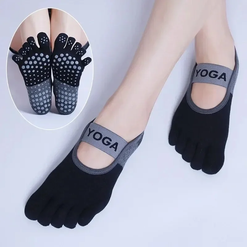 Color: Beige - Ladies Breathable Yoga Socks Silicone Non-Slip Five Finger Pilates Socks for Backless Fitness Ballet Dance Cotton Gym Socks