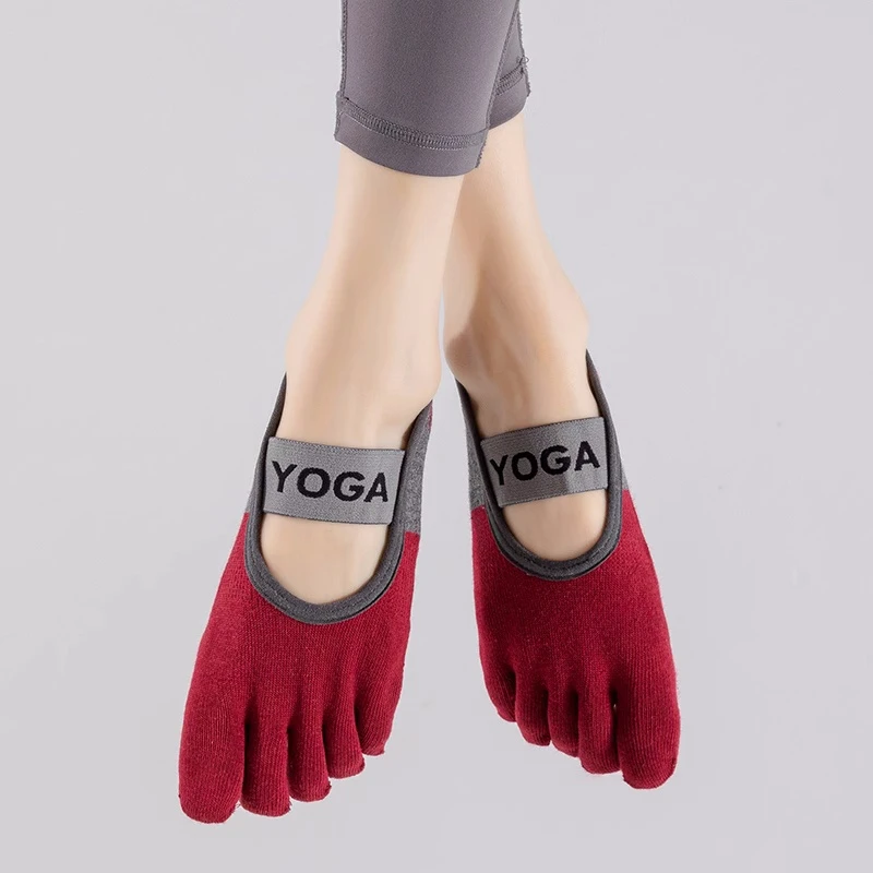Color: Beige - Ladies Breathable Yoga Socks Silicone Non-Slip Five Finger Pilates Socks for Backless Fitness Ballet Dance Cotton Gym Socks