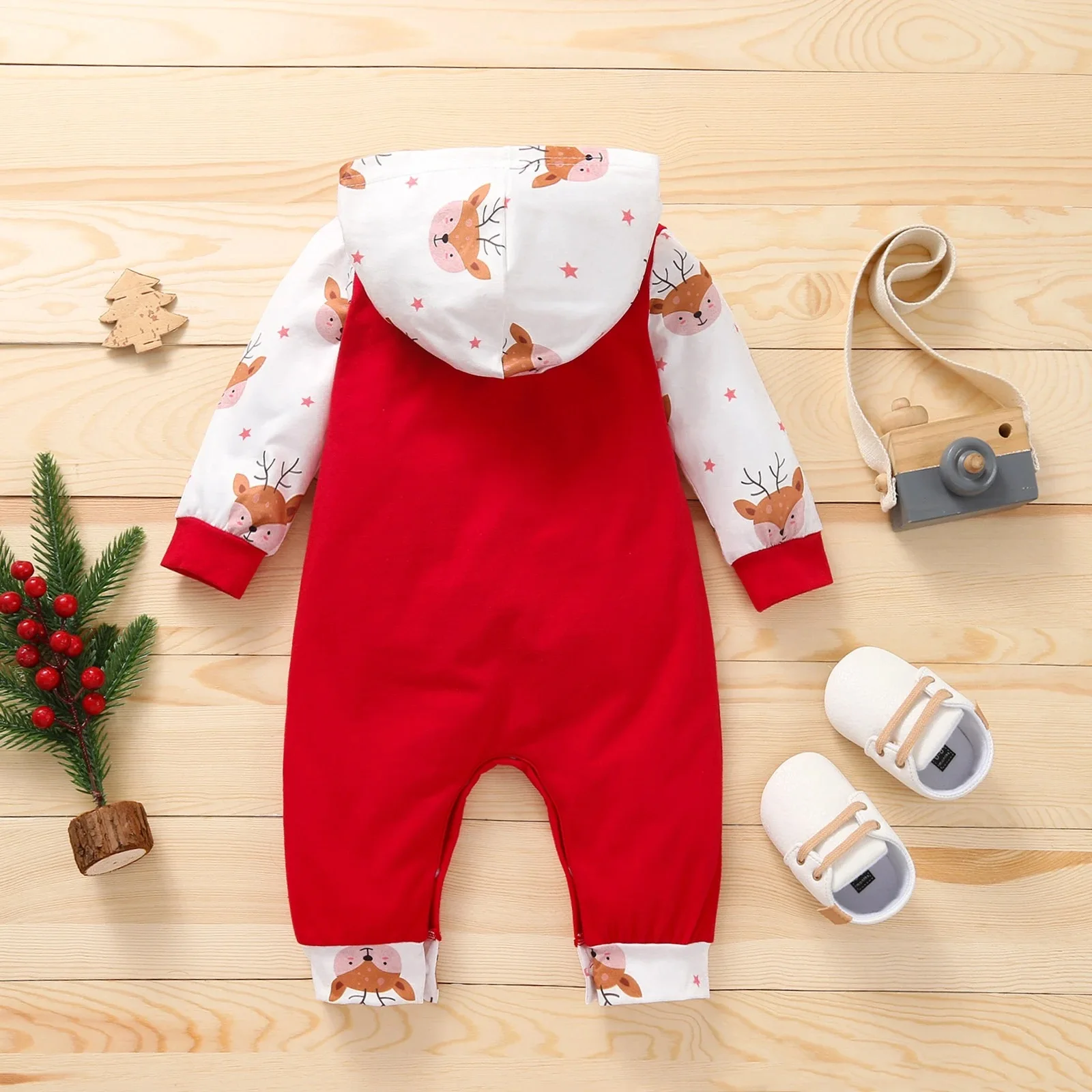 Color: Red, Kid Size: 3M - Autumn Baby Girl Deer Print Christmas Jumpsuit Long-Sleeved Front Patch Pocket Hooded Jumpsuit
