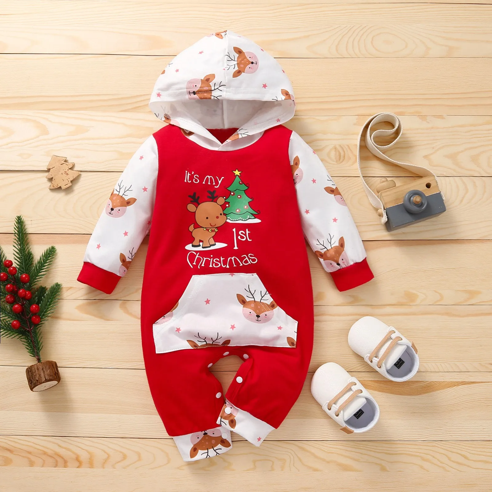 Color: Red, Kid Size: 3M - Autumn Baby Girl Deer Print Christmas Jumpsuit Long-Sleeved Front Patch Pocket Hooded Jumpsuit